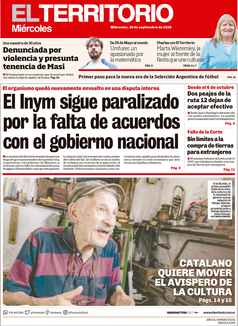 Tapa del diario El Territorio 30/09/2026