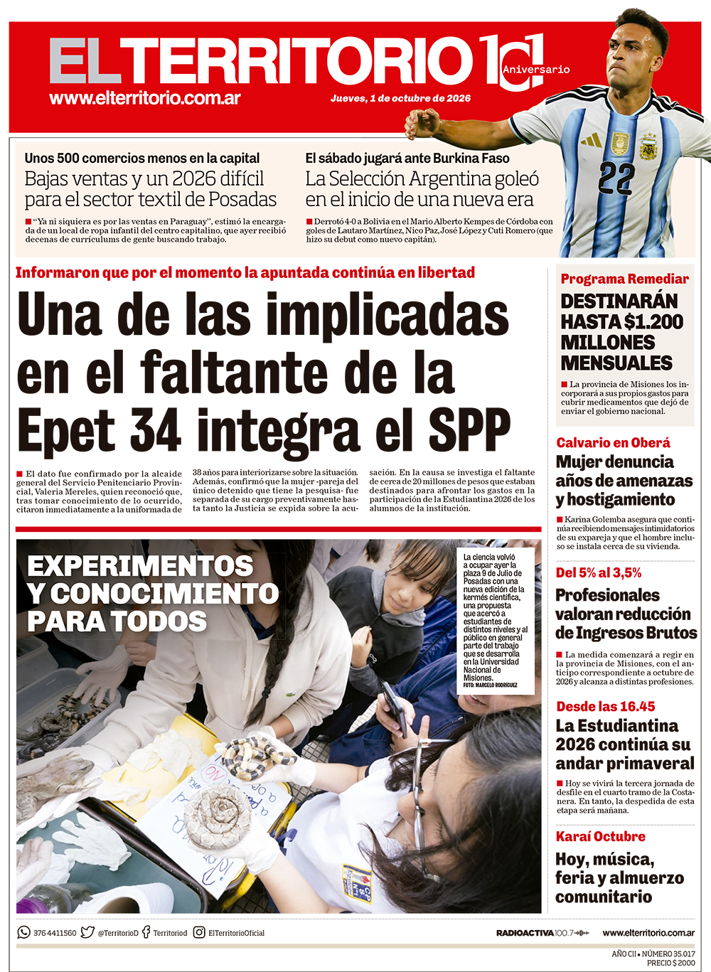 Tapa del diario El Territorio 01/10/2026