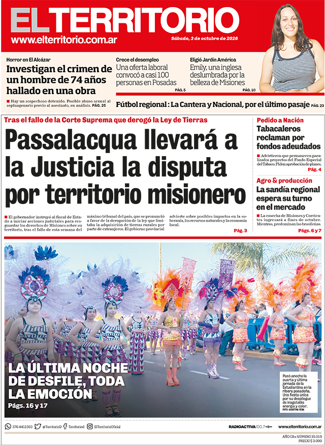 Tapa del diario El Territorio 03/10/2026